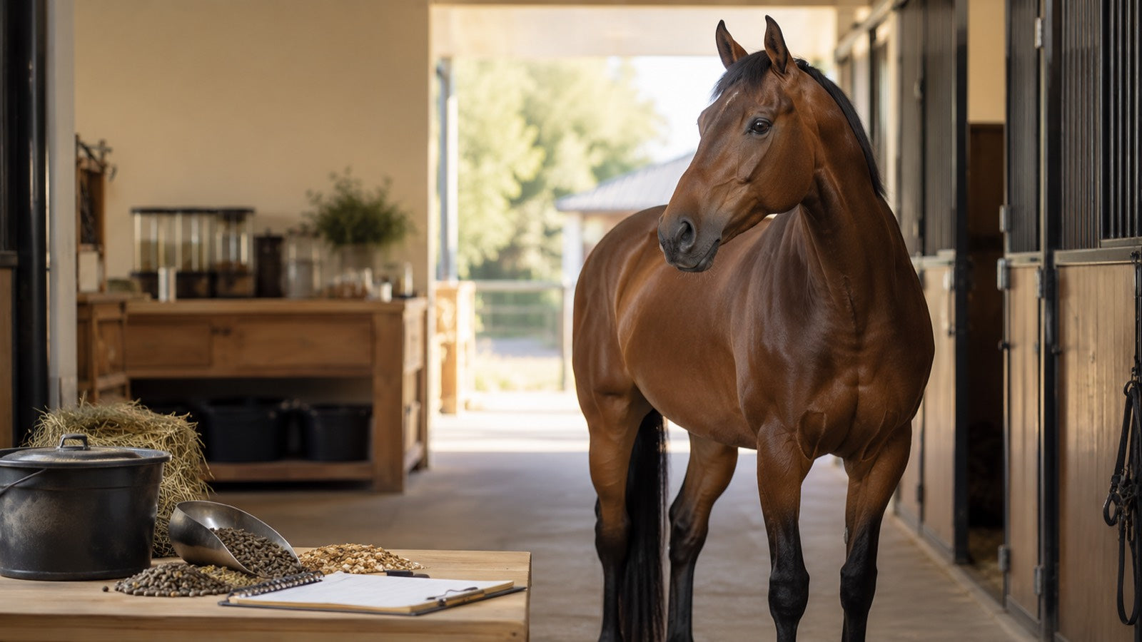 Horse at the barn by the feed table with scoop, pellets and a clipboard